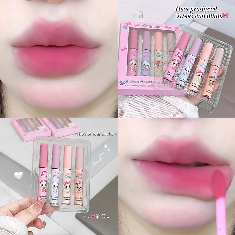4-Pack Pink Cat Mist Lip Mud Set Nude Matte Lip Makeup Silky Texture Easy to Color Lip Glaze Lipstick