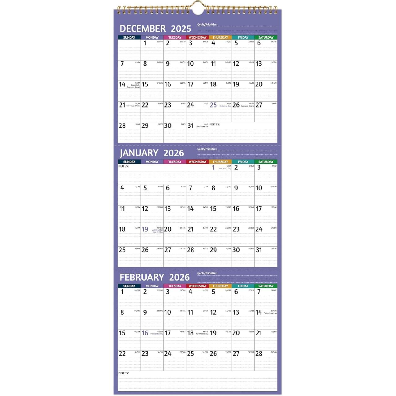 2026 Wall Calendar - 3 Month Calendar 2026 Vertical, Jan 2026 - Dec 2026, 3 Month Wall Calendar 2026, 11 x 26 In Open, 2026 Calendar with Large 3 Month Calendar 2026 Pur