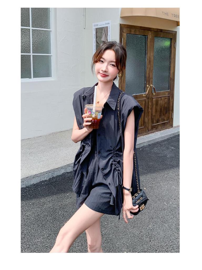 Trendy 2024 Drawstring Sleeve Shirt and Shorts Set: Stylish, Youthful, Two-Piece Casual Outfit