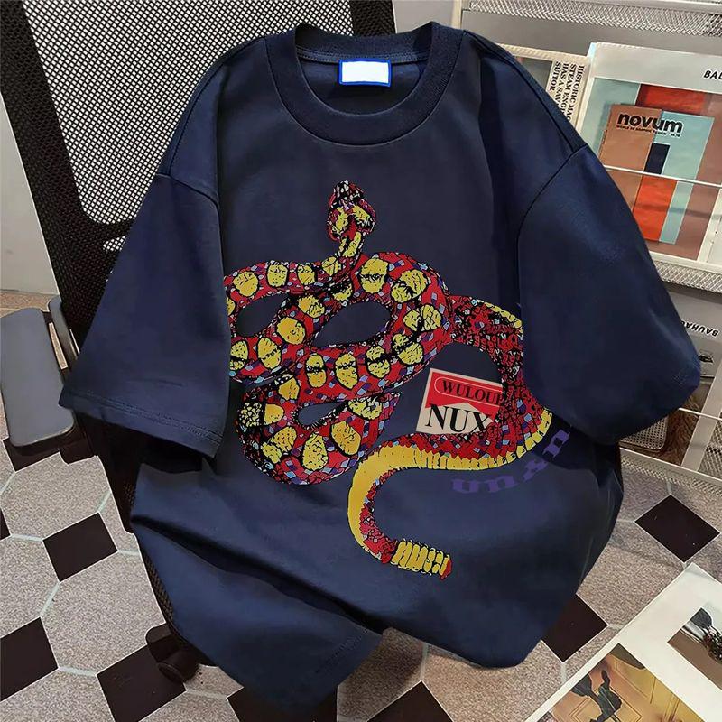 

Unisex 190g Pure Cotton Retro Snake Print Streetwear T-Shirt - Short Sleeve XL темно-синий