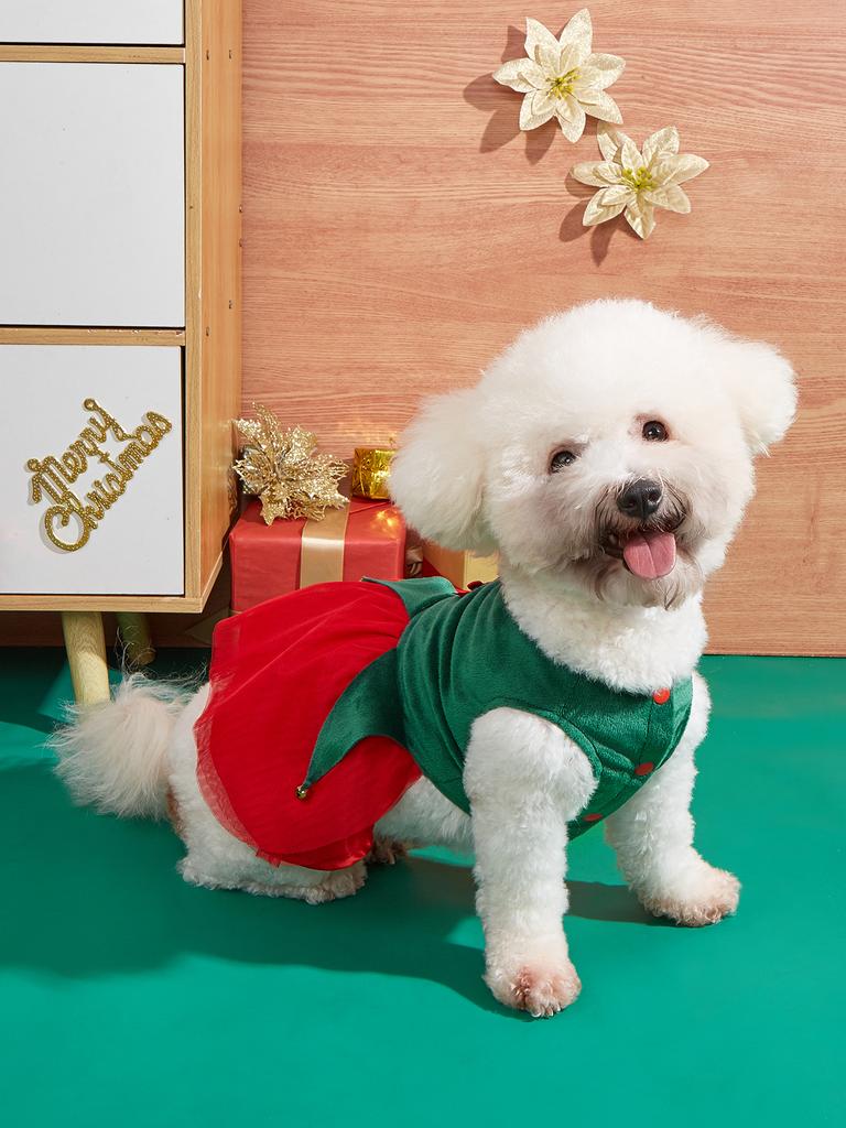 Christmas Puppy Dresses Dog Dress      with Bowknot Puppy Clothes Tulle and Small Bell Doggie Xmas Party Pet Cat Warm Clothes Ap