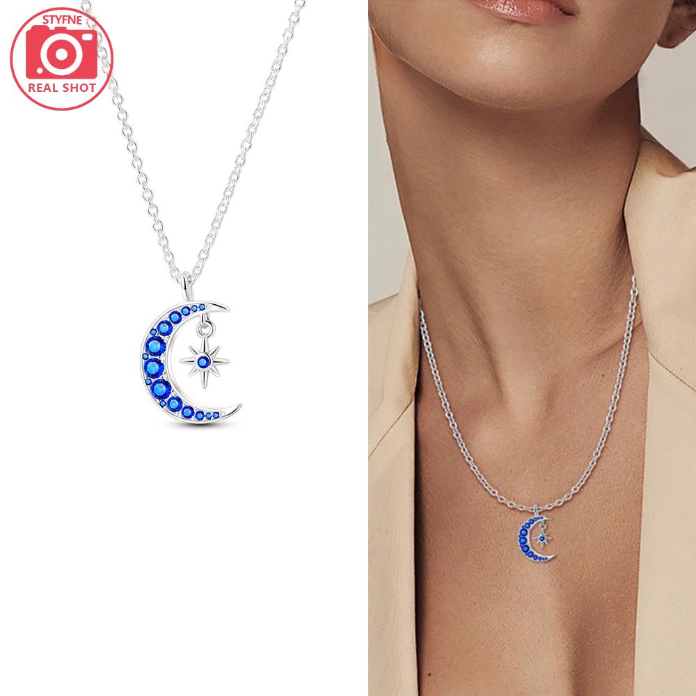 Authentic copper Necklaces Starry Sky Pendant Blue Zircon Moon Star Shape Heart Necklaces Women Jewellery Classical Anniversary Gift