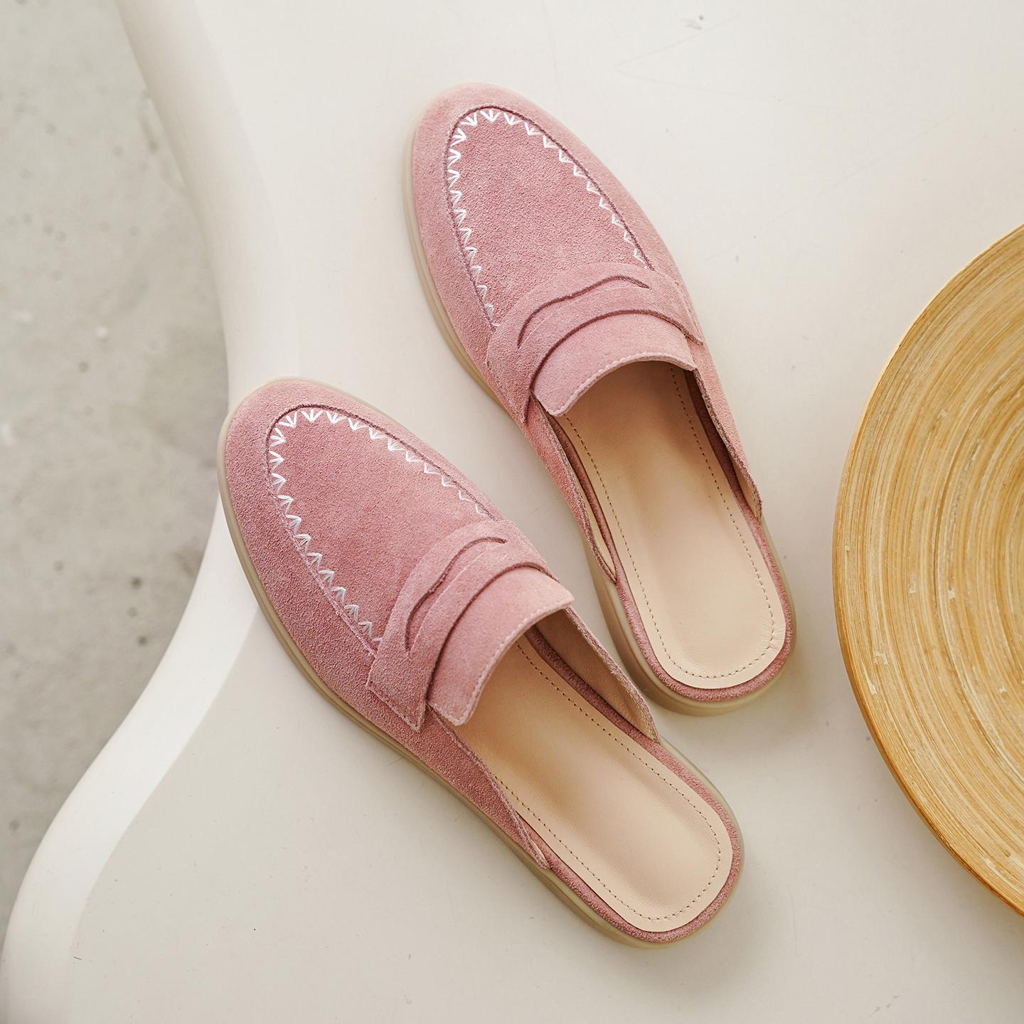 New Genuine Leather Cowhide Women Mules Round Toe Slip On Flats 34 розовый