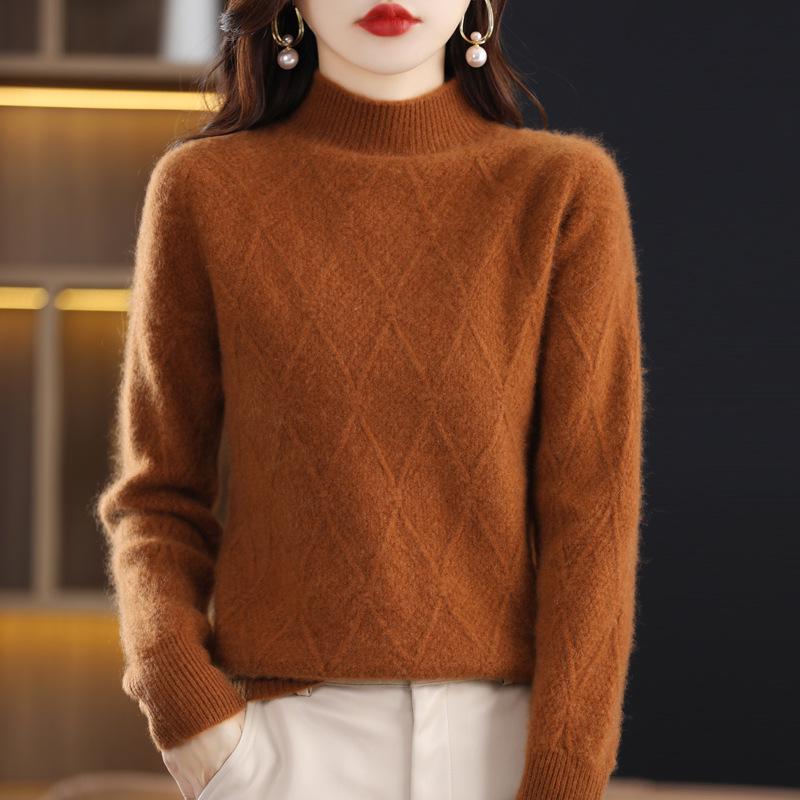 Women's High Neck Pure Wool Pullover Sweater with Diamond Pattern, Thick Base Layer, Solid Color Knit.