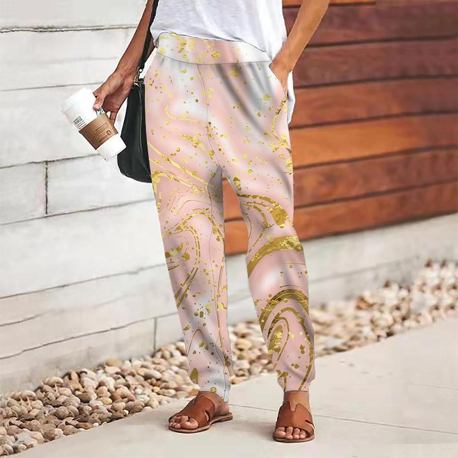 Women Marbling Printing Pants Lace Up Elastic Waist Loose  Trousers Casual Long Pants Trousers with Pockets