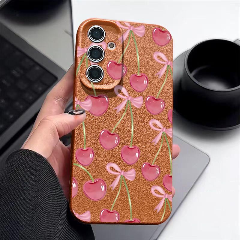 Crystal Cherry Fruits Bowknots Case For Samsung Galaxy A57 A37 A17 A56 A36 A26 A16 A55 A35 A25 A15 A54 5G S21 FE S22 S23 S24 Plus S25 Edge S26 Ultra
