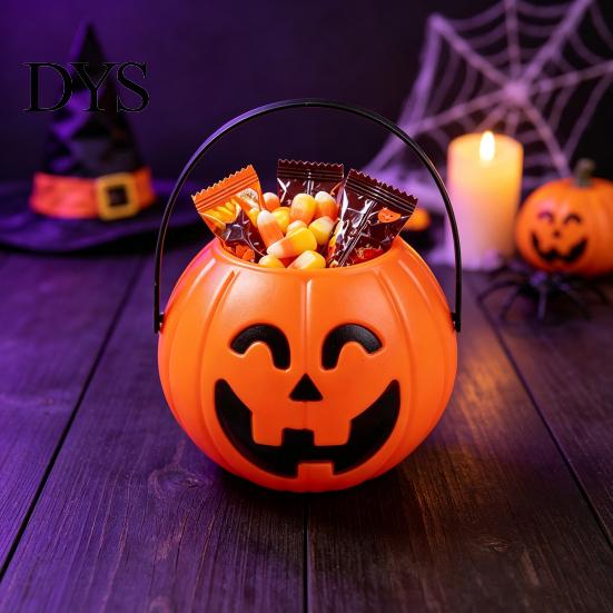 Spooky Gift Baskets Halloween Pumpkin Candy Bucket, Plastic Treat Holder with Handle, Party Favors Favor Storage Container, Trick-or-Treat Bag,