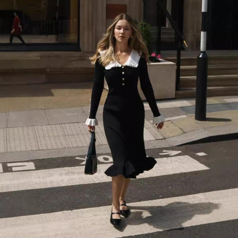 Podzimní Pletené Šaty s Dlouhým Rukávem a Volánky Dámská Móda Zimní Slim Fit Svetrové Šaty s Vysokým Pasem Dámské Elegantní Vintage Sexy Párty Ležérní Šaty 25085