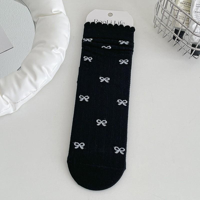 

White Socks Pure Cotton Stacking Socks Lace Bow Cute Girl Spring And Autumn Thin Cotton Medium Tube Socks Women One size чорний