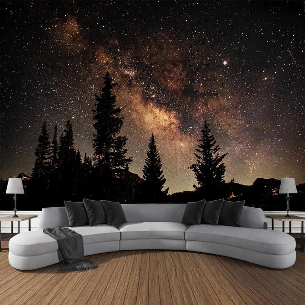Home Decor Galaxy Starry Sky Wall Hanging Tapestry Space Fantasy Night Sky Forest Landscape Printed Thin Cloth Blanket