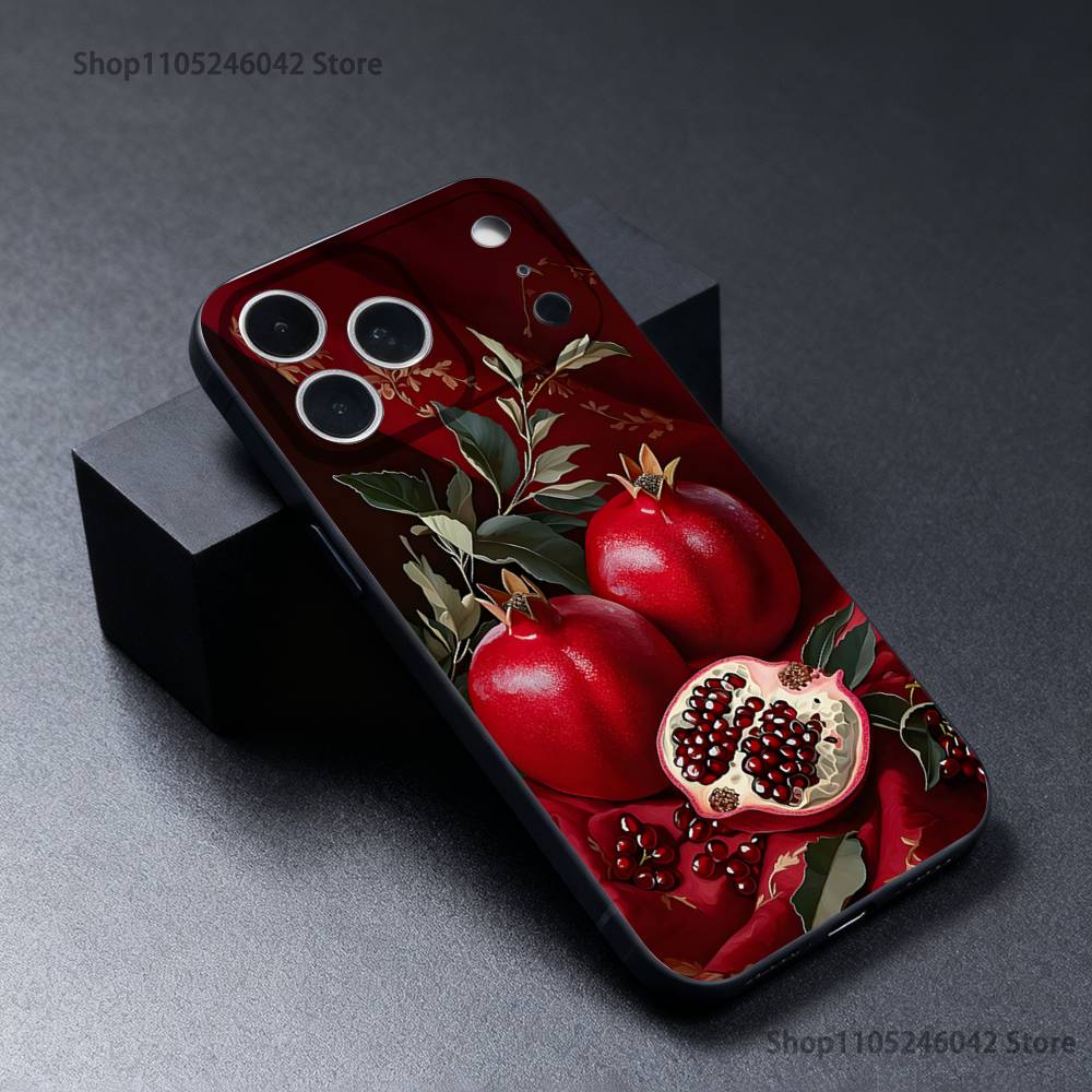 Cute pomegranate Phone Case For iPhone 17,16,15,14,13,12,11,Pro,Max,Plus Black Shockproof Soft Cover