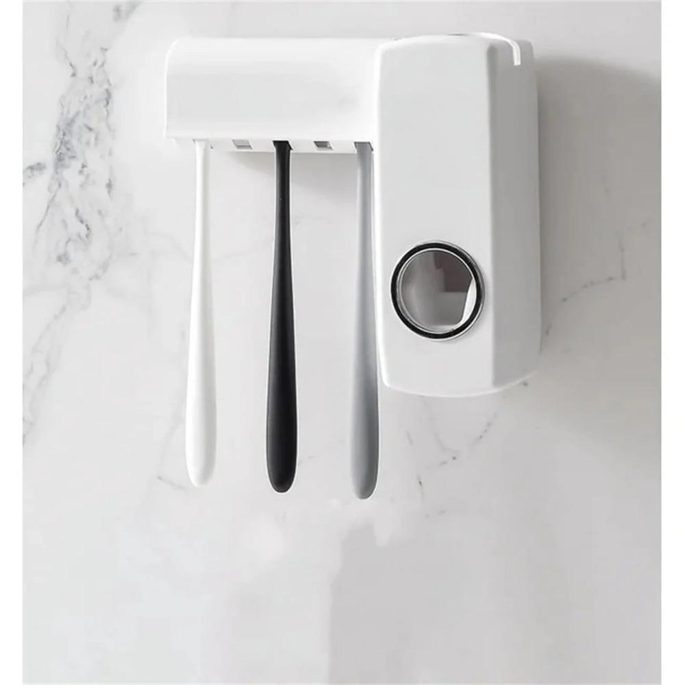 Toothpaste dispenser, automatic toothpaste squeezer with wall-mounted toothbrush holder set - 5 toothbrush holders, hands-free operation, white