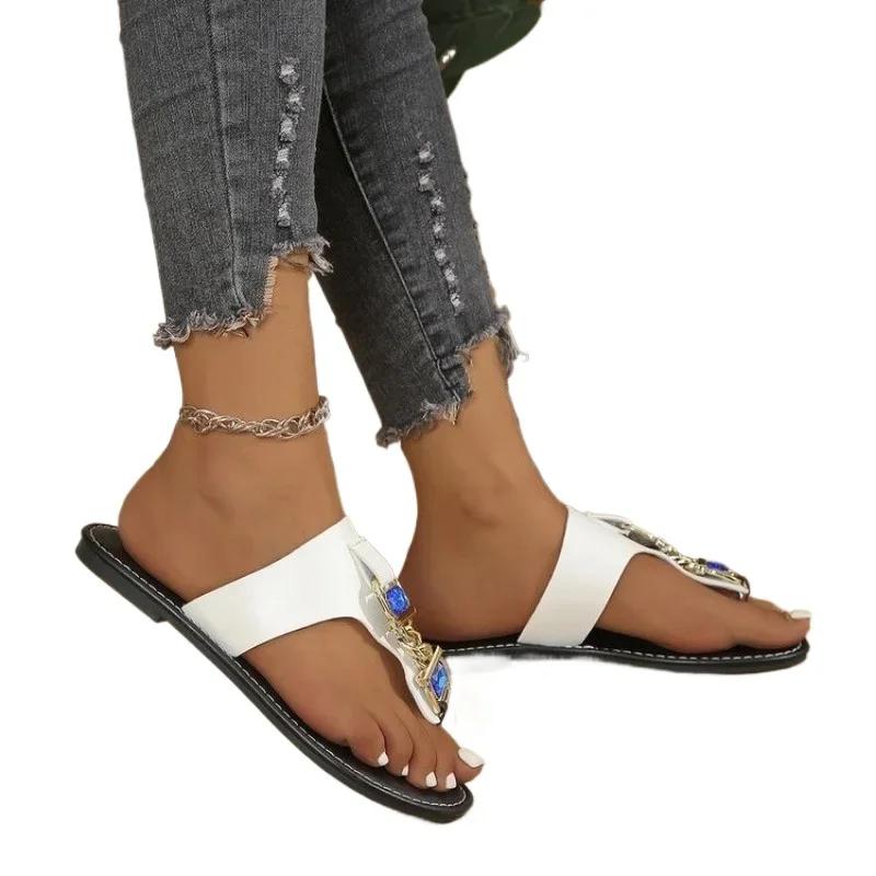 Fashion Shoes Female 2024 Plus Size Flip Flops Women's Slippers Outdoor Casual Slippers Women Crystal Metal Decoration Flat with Sandals