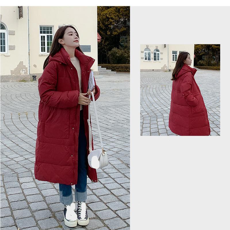 Mittellange knielange Daunenjacke für Damen im Herbst und Winter, verdickter, lockerer Mantel mit Kapuze und langen Ärmeln