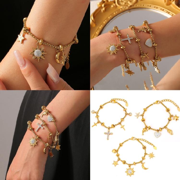 Sun Moon Cubic Zirconia Bracelet Ocean Theme Titanium Steel Jewelry Adjustable 20cm Length Fashion Wrist Accessory