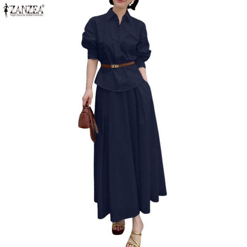 ZANZEA Damen Langarmbluse und Lange Röcke Lässige Zweiteiler Anzugsets