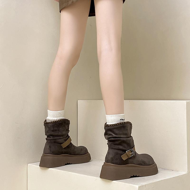 Retro style round head belt buckle Martin boots women's autumn and winter fashion versatile short boots lace short tube fashion boots