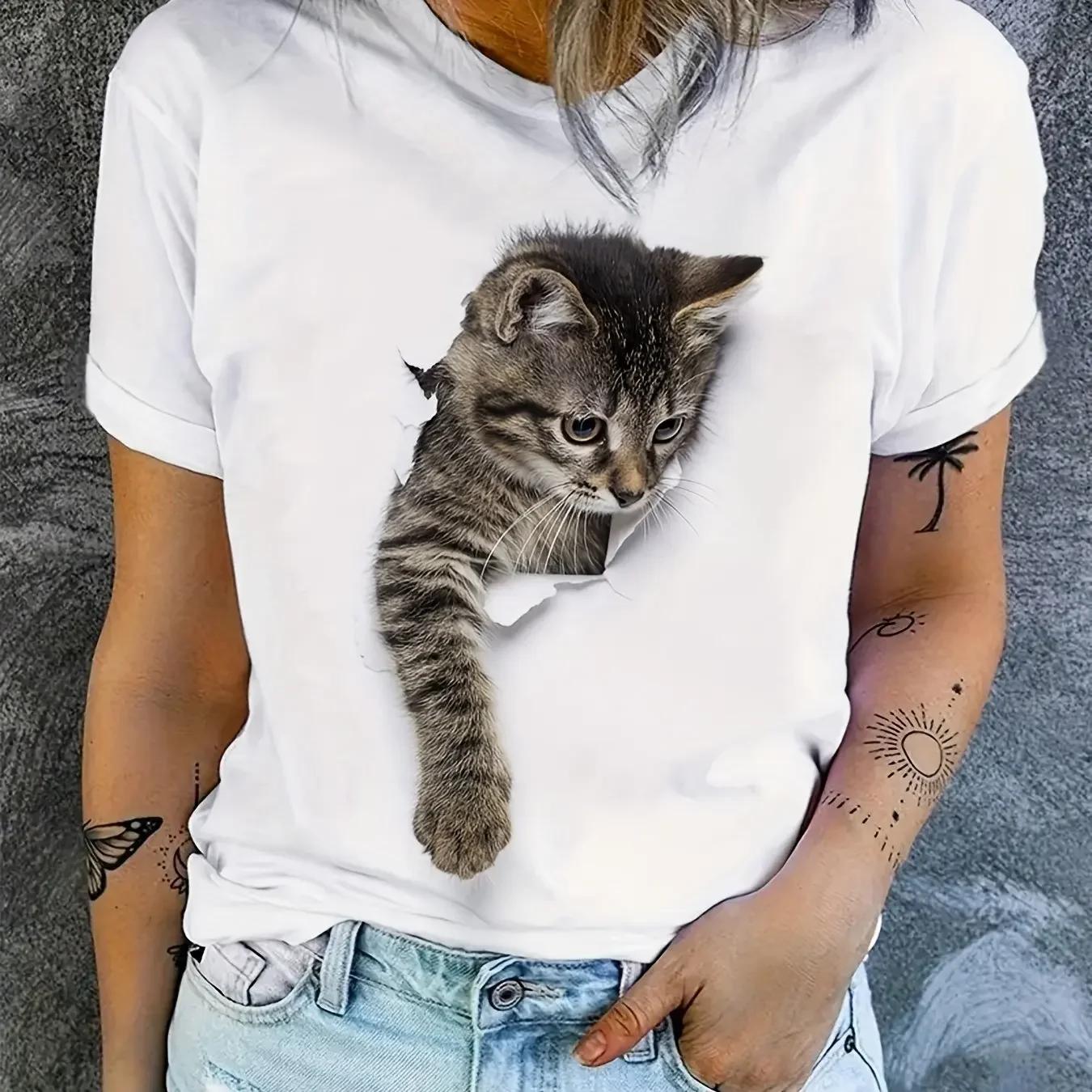 Womens Clothing Pattern Cartoon Cat Womens Harajuku Short Sleeve Casual Womens Clothing Street Tops Tees Aesthetic Clothes S