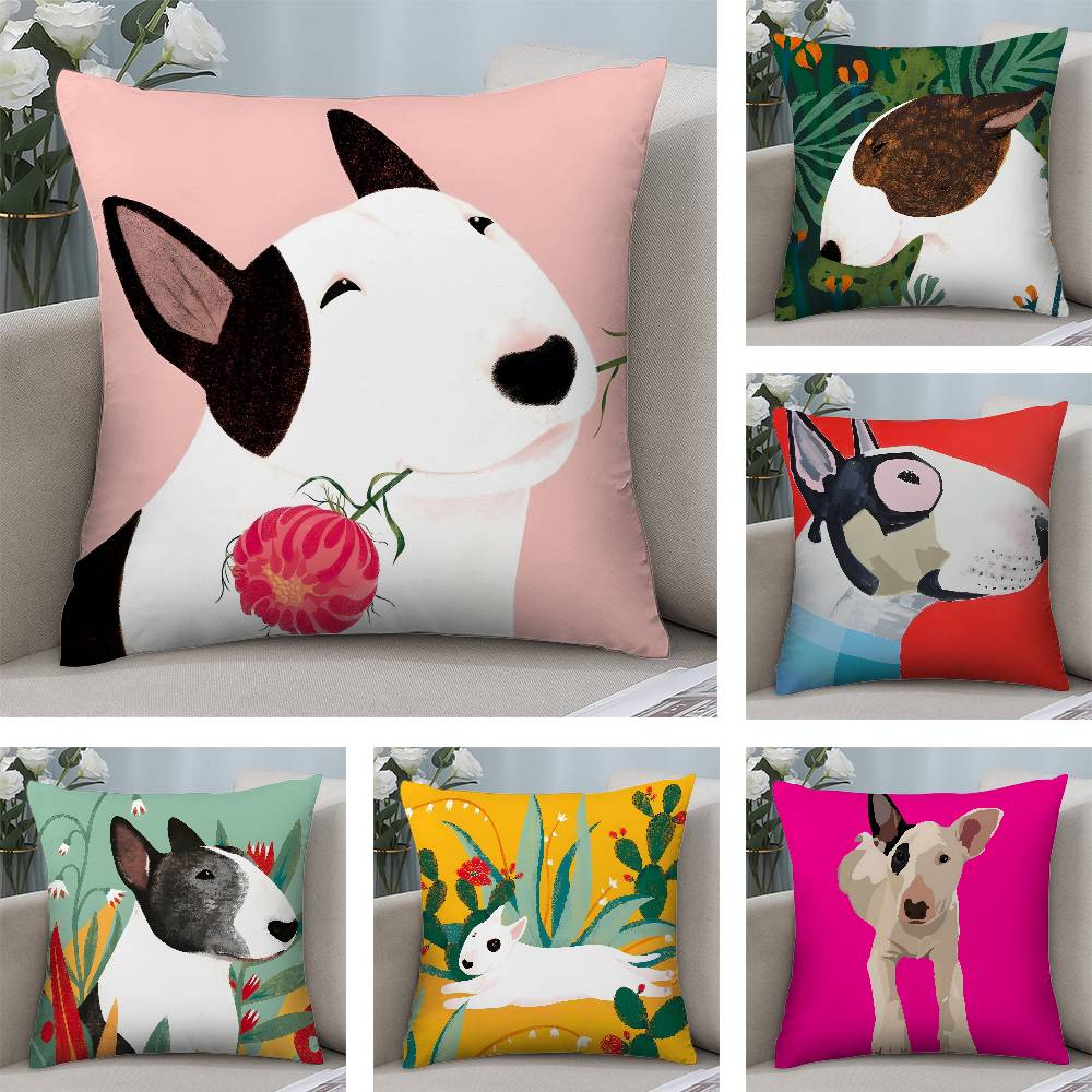 Cartoon Bull Terrier Series Pillow Case Plush Fabric Soft Double Sided Print Home Sofa High Quality Cushion Cover Throw