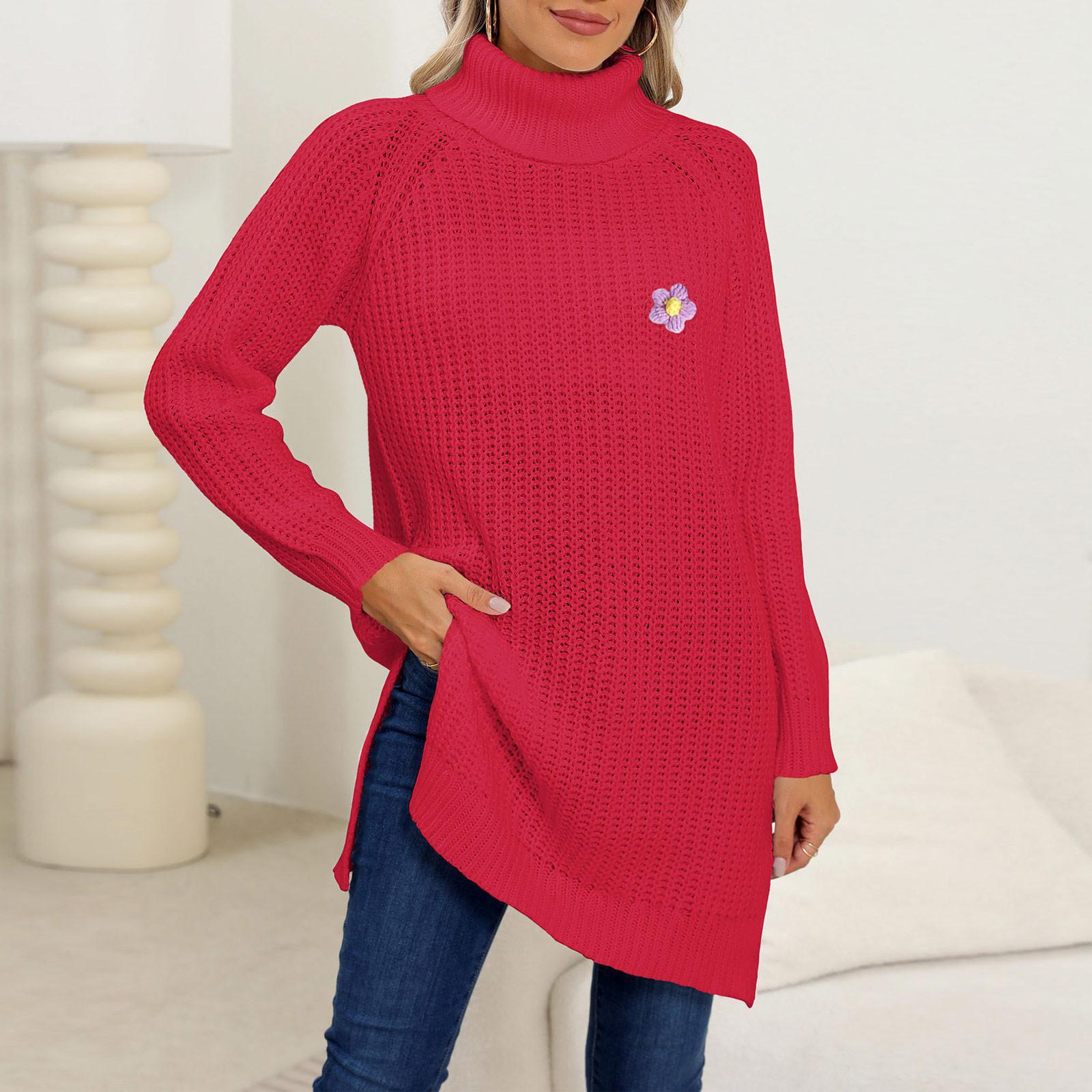 

Женский утолщенный свитер, связанный вручную крючком, водолазка, разрез, платье-свитер XL красный