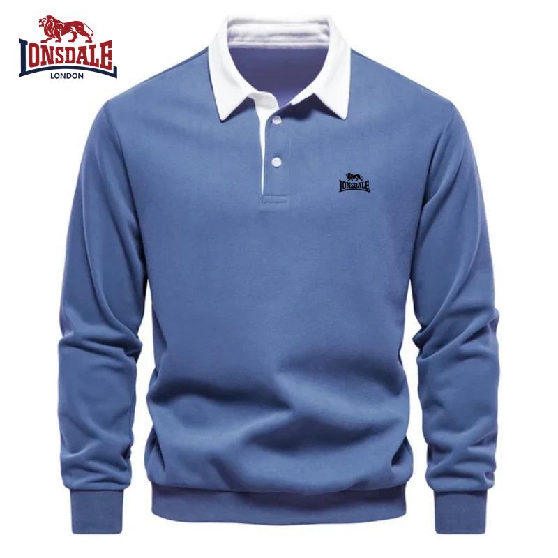 Lonsdale Tricou polo pentru bărbați din bumbac pur brodat cu mâneci lungi pentru toamnă și iarnă, top multifuncțional nou la modă și casual