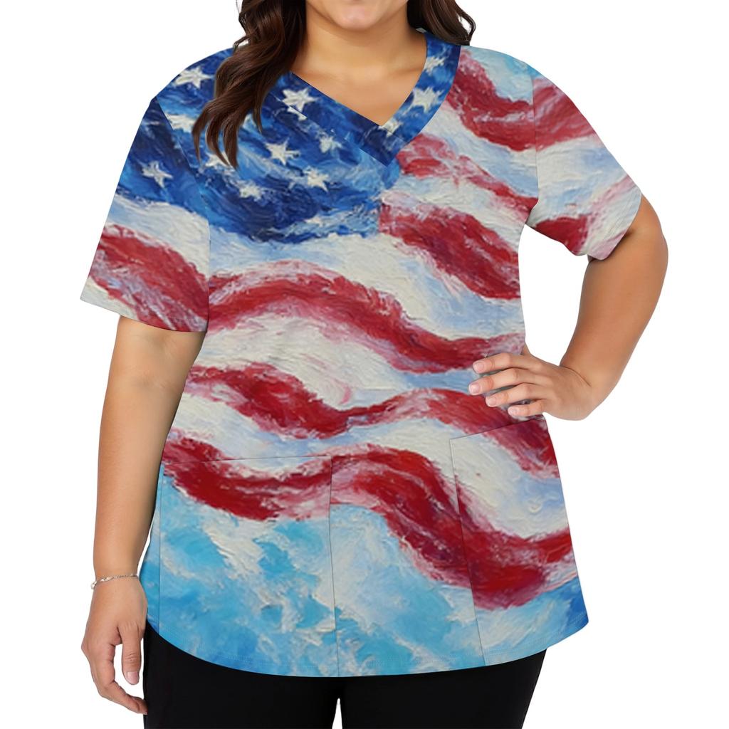 Women's Fashionable Casual Independence Day American Flag And Stars Print V-neck Short-Sleeved Work Shirt With Double Side Slits And Pockets