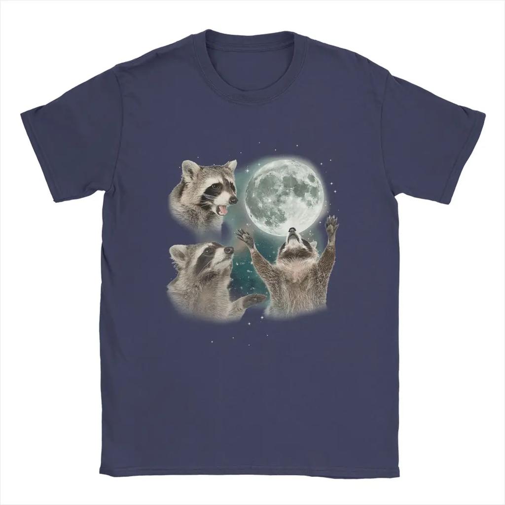 Raccoon 3 Racoons Howling At Moon T-Shirts Men Funny Weird Cursed Novelty 100% Cotton Tee Shirt Crewneck Short Sleeve T Shirts