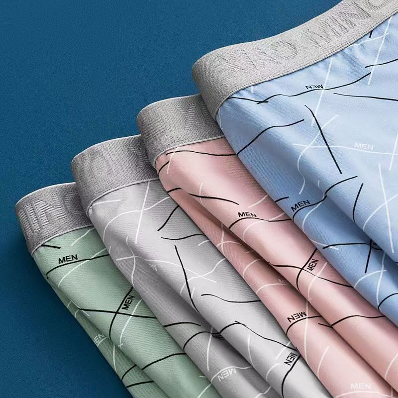 4pcs Men's Underwear Men's Mid Waist Printed Breathable Flat Leg Pants Contrasting Color Square Leg Pants Boxer Brief