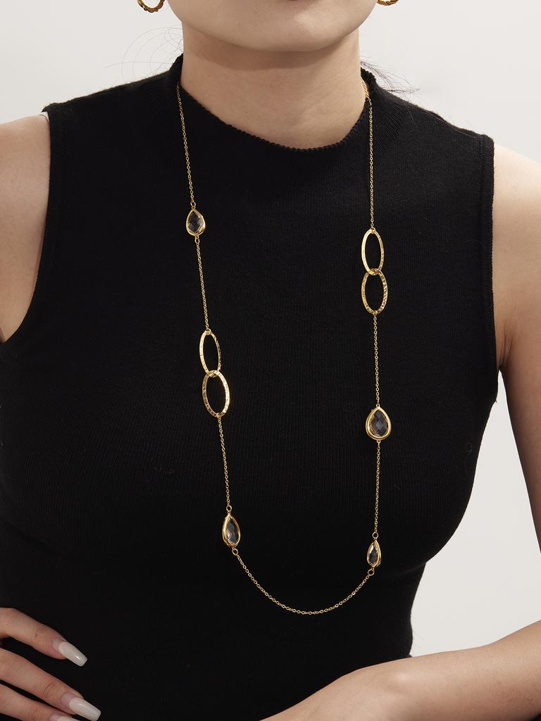 82cm Long Sweater Chain Necklace In Stainless Steel 18k Gold Plated With Shiny Droplet Faceted Glass Stone Necklaces For Women