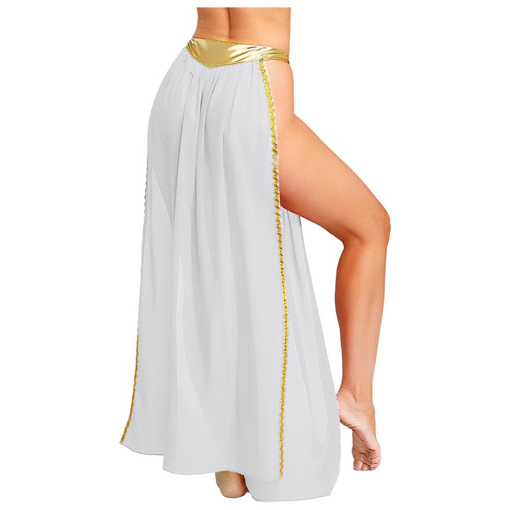 Costume da Regina Antica da Donna Slip Gonna in Chiffon Spacco Laterale Metallizzato Riflettente Rifiniture Dorate Outfit di Halloween