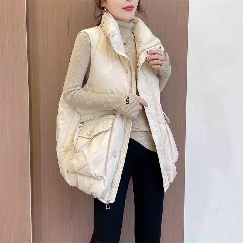 

Женский пуховый жилет Зимний Свободный Универсальный Безрукавный Топ Жилет Оверсайз Утепленный С Высоким Воротником Повседневный Однотонный Жилет M