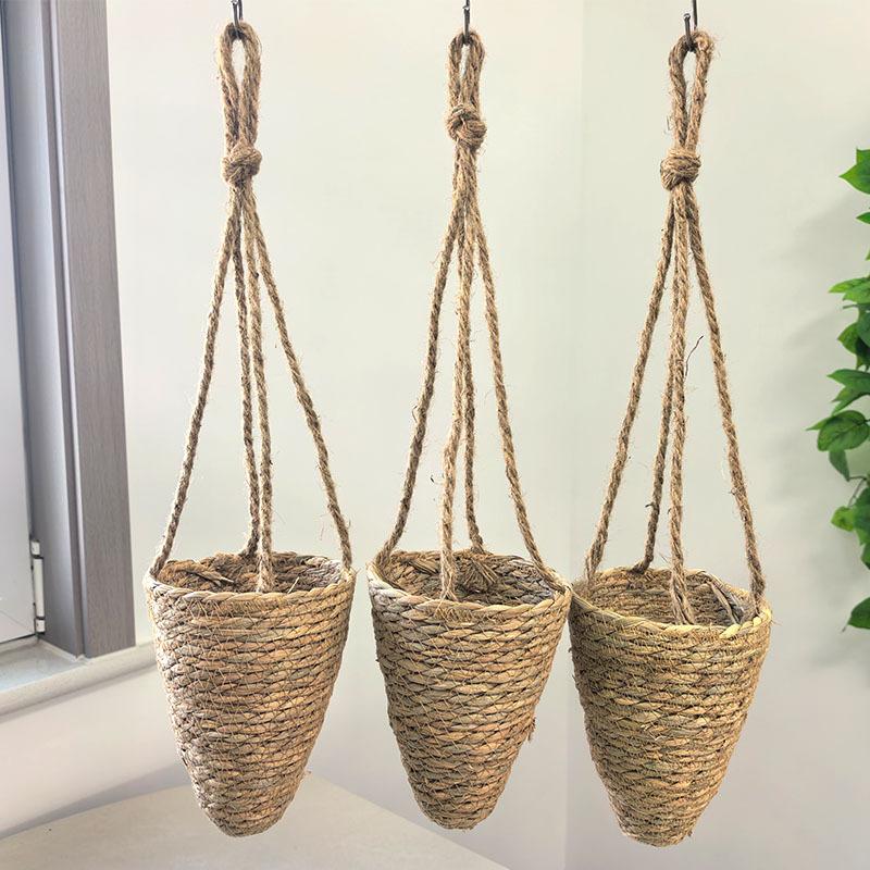 Hanging Straw Basket, Green Ivy Plants, Gardening Ornaments, Straw Weaving, Conical Flower Basket, Home Potted Plants, Balcony Decoration