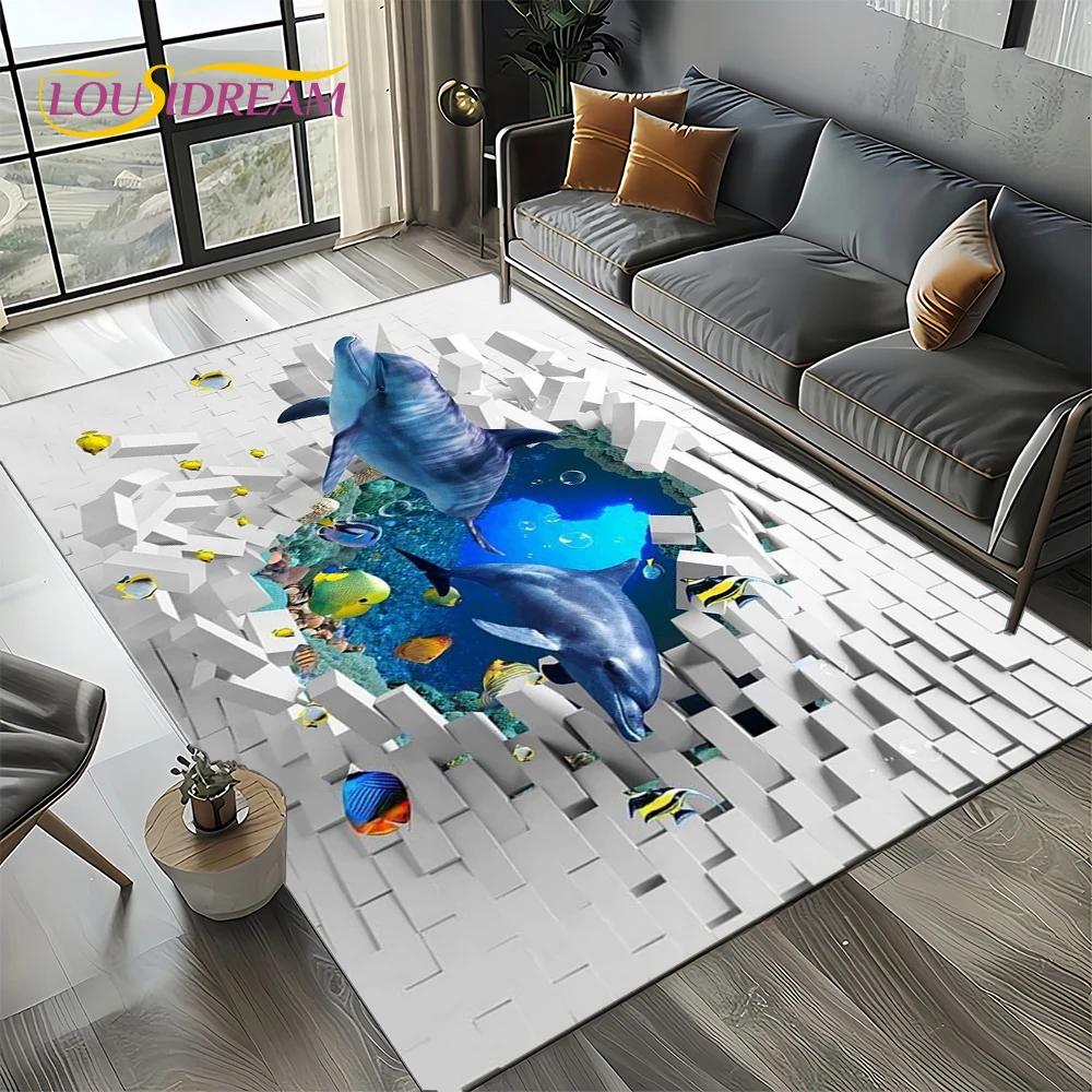 Underwater World 3D Illusion Seabed Cartoon Shark Dolphin Carpet Rug for Living Room Bedroom Home Sofa Decoration,Floor Mat Kid