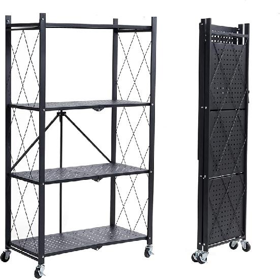 BRIAN & DANY 4-Shelf Foldable Storage Shelves with Wheels, Folding Metal Rack Shelving Unit, Heavy Duty No Assembly Organizer Shelf for Garage,