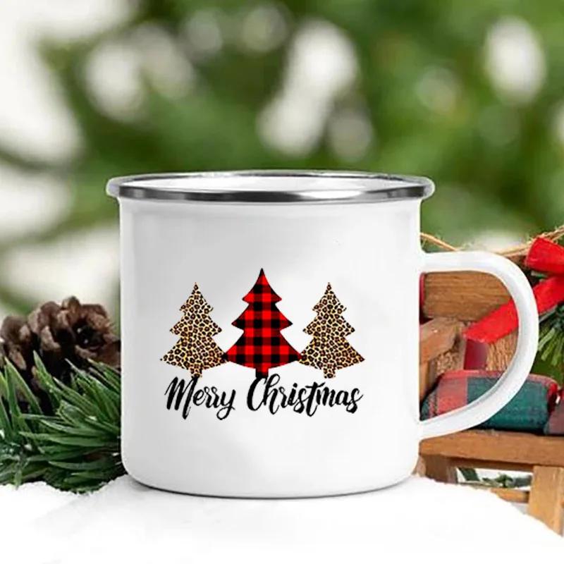 Merry Christmas Print Creative Enamel Coffee Tea Wine Drink Mug Dessert Hot Cocoa Milk Cup Cake Mugs Handle Drinkware Xmas Gifts