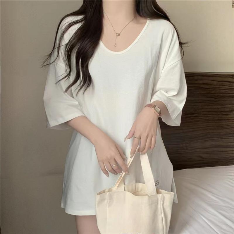 Cotton Short Sleeve Casual Loose T-shirt for Women Summer Fashion Solid Round Neck Plus Size T Shirt Woman Elegant Slim Simple Female Tee Tops 26294