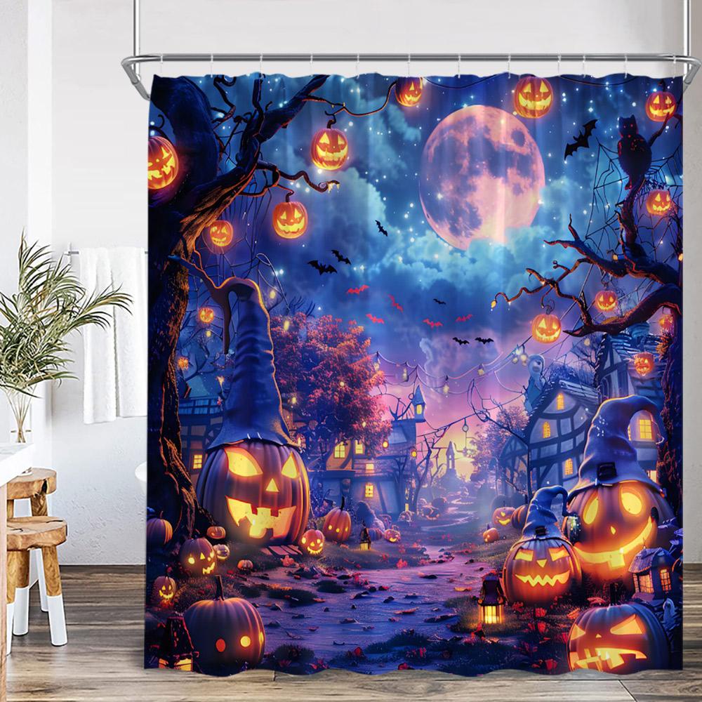 Halloween Shower Curtain Dark Forest Haunted House Graveyard Pumpkin Lantern Ghost Spooky Bathroom Decor Halloween Bath Curtain