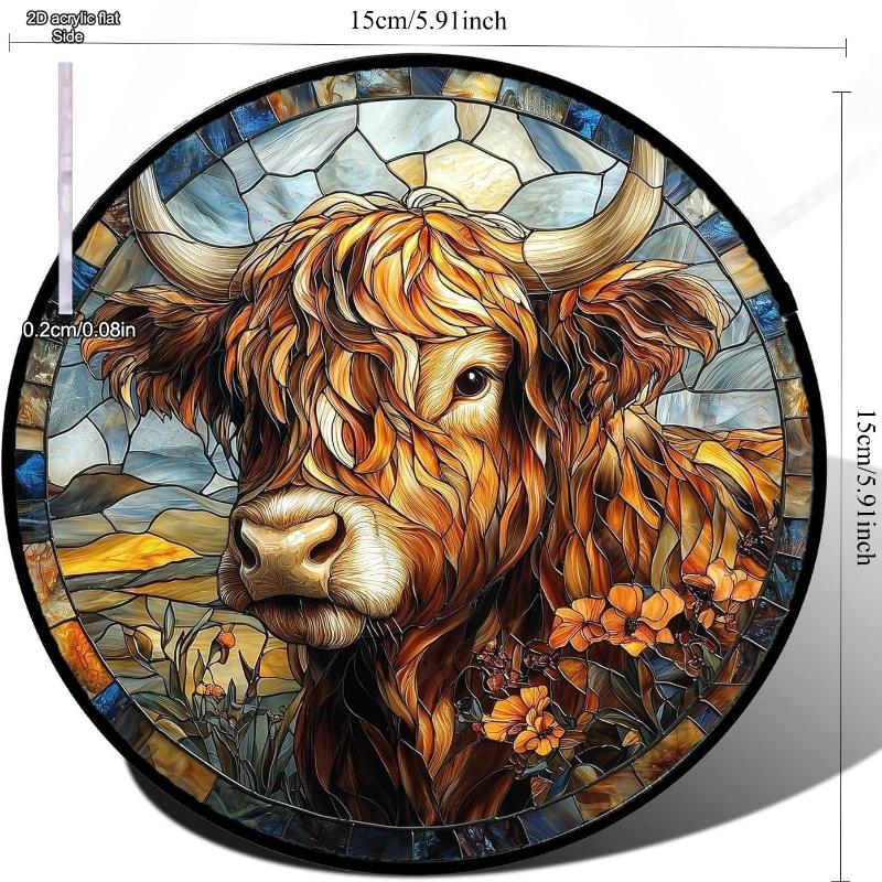 Bison Suncatcher Stained Glass Window Acrylic Round Wall Hangings Farmhouse Garden Ornaments Home Decor Gift for Animal Lovers, Perfect for Home 