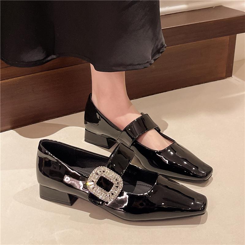 Fashion Shoes for Women New Style Square Head Rhinestone Square Buckle Flat Bottom Mary Jane Single Shoes Woman Pumps Zapatos De Mujer