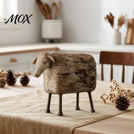 Imitation Wood Grain Decor Distressed Sheep Figurine, Resin Farmhouse Animal Statue for Shelf Tabletop Fireplace Mantel Ornaments Decor, Retro Country