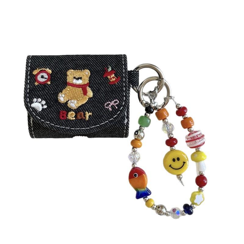 Denim flip embroidery alarm clock bear AirPods 1 generation earphone case for AirPods Pro1 generation