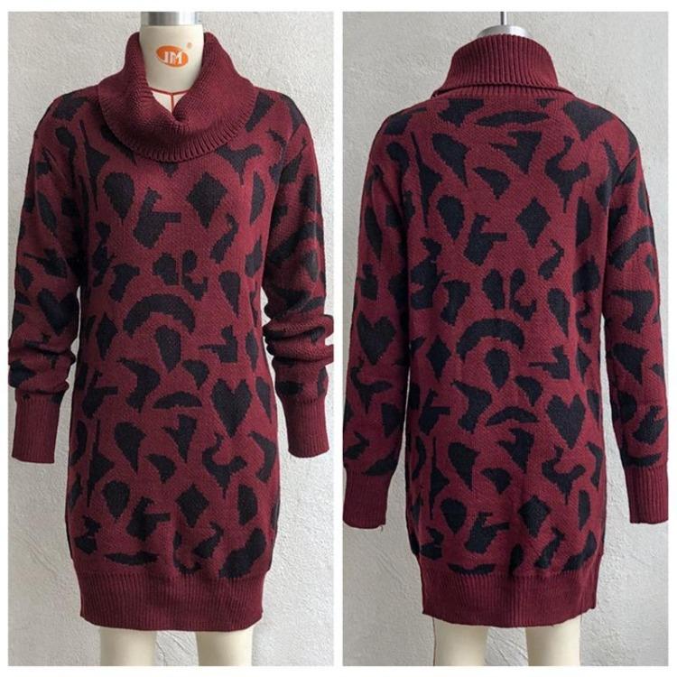 Women Casual Leopard Print Knit Sweater Dress Spring Fall Loose Waist Straight Collar Full Sleeve Above Knee Mini S-L