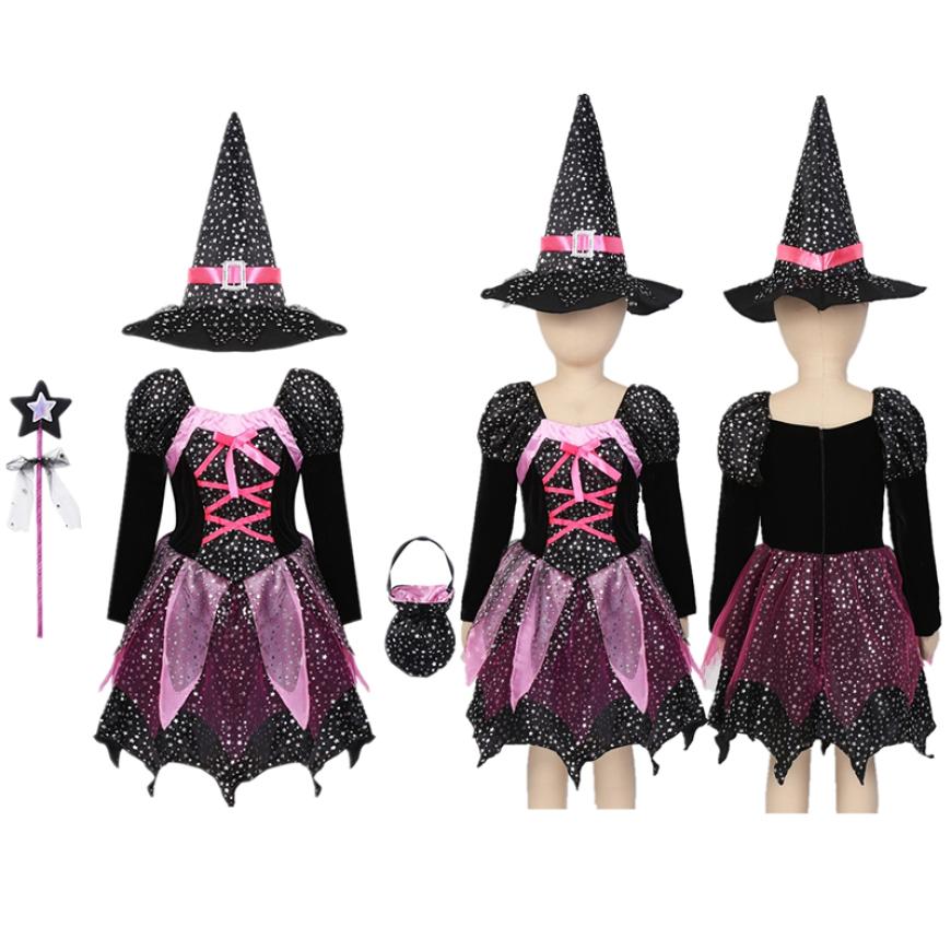 

Детское платье с длинным рукавом для девочек с шляпой, волшебной палочкой и мешком для конфет, набор из 4 предметов, костюм ведьмы на Хэллоуин, детский косплей-наряд для вечеринки, маскарада 3-4 Years