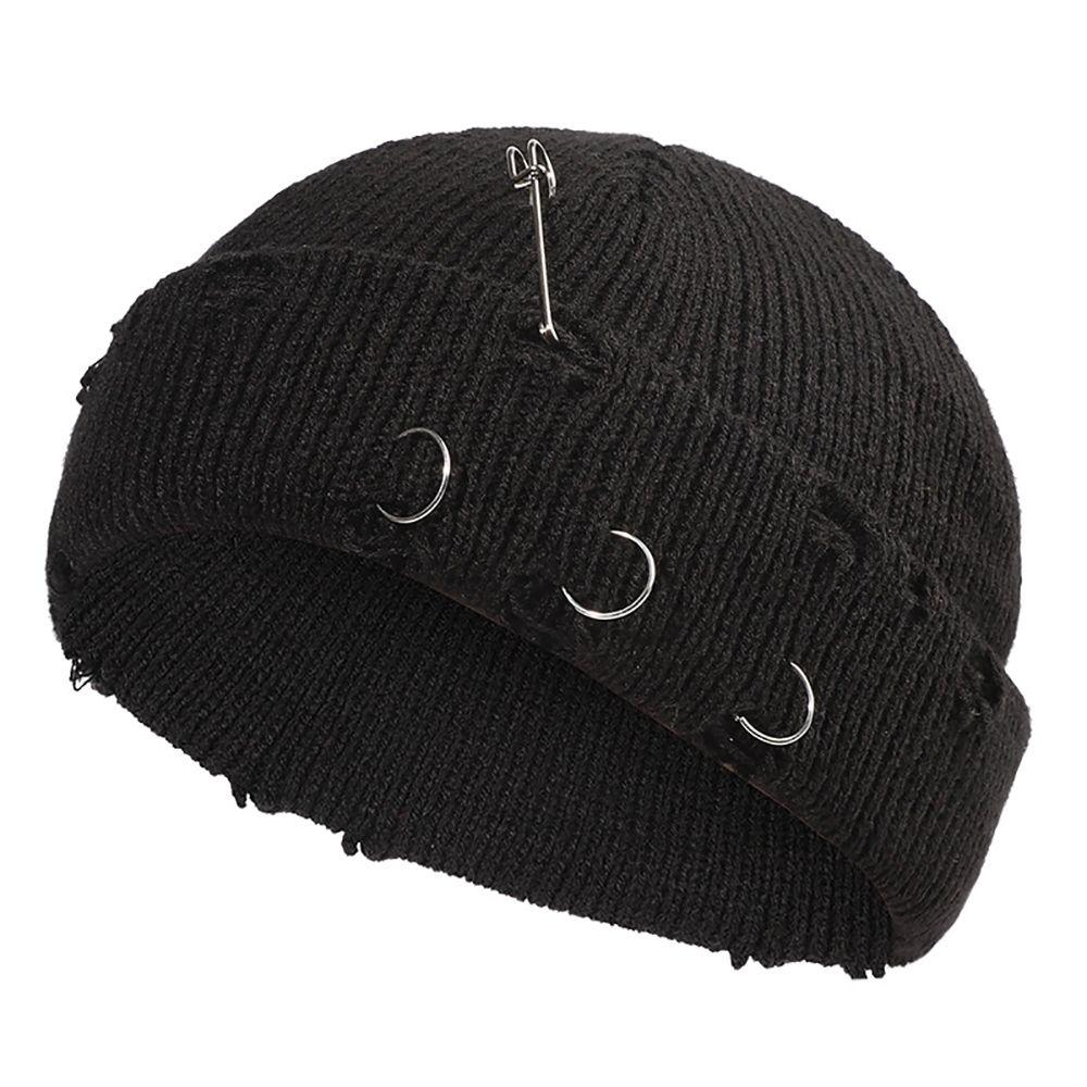 Cute Casual Distressed Hole Male O-Ring Winter Female Beanie Hat Knitted Hat Warm Cap Solid Color