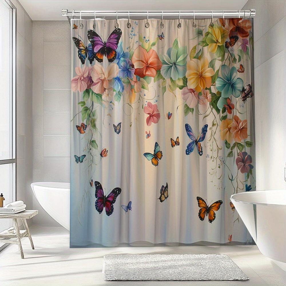 Vibrant Butterfly Garden Shower Curtain - Waterproof,Mildew-Resistant With Colorful Floral Design For A Lively, Elegant Bathroom