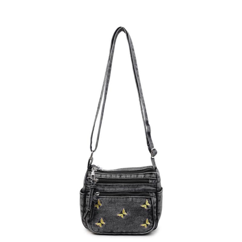 Denim Crossbody-Tasche mit Schmetterlingsstickerei Mehrschichtige Handytasche Damen Kleine quadratische Tasche