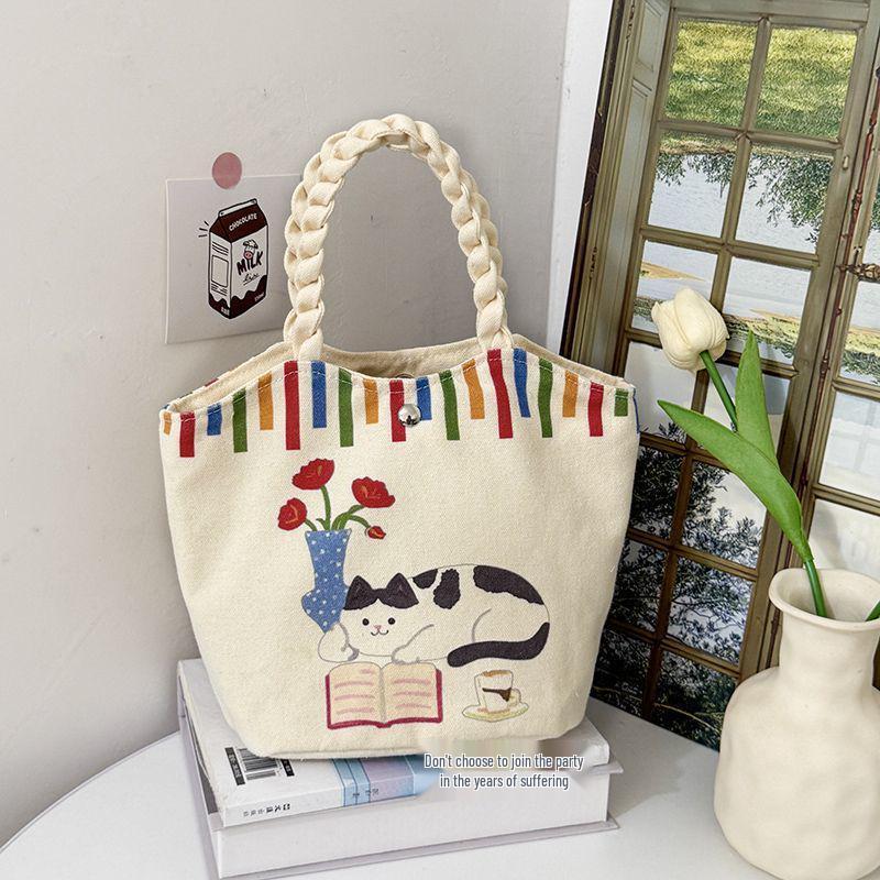 2025 Cute Cartoon Zipper Canvas Bucket Bag - Small Tote for Students and Moms
