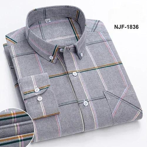 Spring and Autumn Men's Pure Cotton Long Sleeved Shirts for Middle and Youth Leisure All Cotton Oxford Plaid Plus Size Shirts