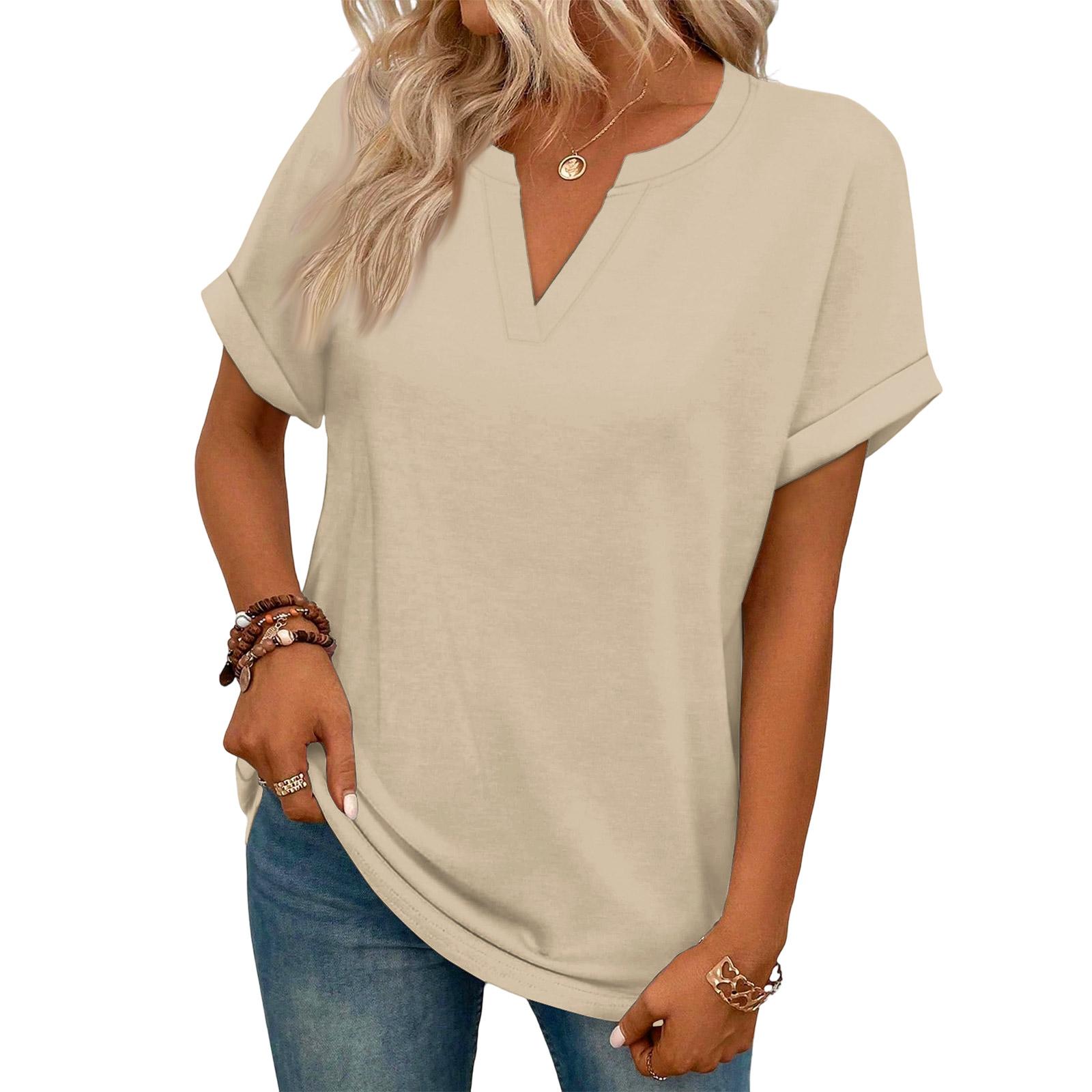 

Stylish Women s Casual V-neck Short-sleeved Color T-shirt S бежевий