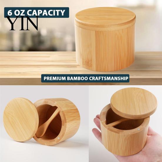 Seasoning Container with Spoon Wood Salt Swivel Magnetic Lid, Built-in Small Cellar for Countertop Jar, Moisture Proof Spice Kitchen Solid Box